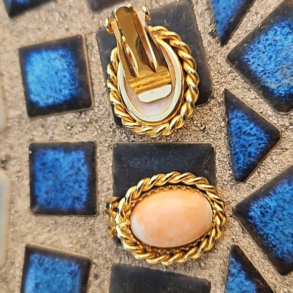 Goldtone Pink White Stone Clip Earrings - Picture 3 of 3